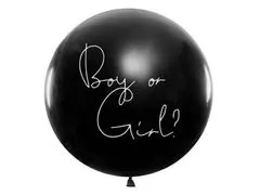 PartyDeco Črni balon dekle ali fant, modri konfeti 1m -
