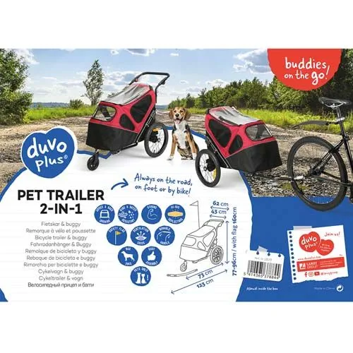Duvo+ Kolesarska prikolica in voziček za sprehod za hišne ljubljenčke do 30 kg-ov - Črna/rdeča 123x62x96cm