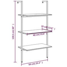 Vidaxl 3-nadstropni prislonski regal svetlo rjav in črn 64x34x120,5 cm