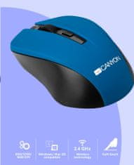 Canyon optična brezžična miška CMSW1, nastavljiva ločljivost 800/1000/1200 dpi, 4 tl, USB nano sprejemnik, modra