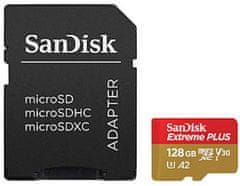 SanDisk Extreme Plus micro SDXC spominska kartica, 128 GB, V30, U3, C10 + SD adapter