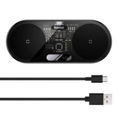 BASEUS Dvojni brezžični polnilnik QI z zaslonom USB-C 20 W – črn