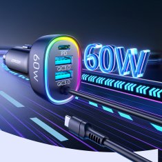 slomart joyroom 4-v-1 hitri avtomobilski polnilec pd, qc3.0, afc, fcp s kablom usb tipa c 1,6 m 60 W črn (jr-cl19)