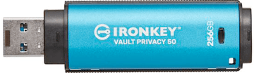 Kingston Ironkey USB ključ, 256 GB, USB 3.2 Gen 1, kovinski, strojna zaščita, moder (IKVP50/256GB)