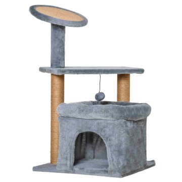 PAWHUT PawHut Drevo za praskanje za mačke s stebričkom iz jute, hiško za mačke in blazino, premaz iz pliša, višina 84 cm, siva