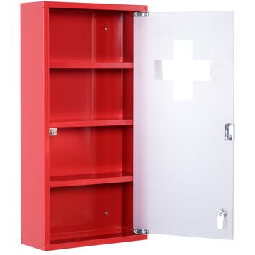 HOMCOM HOMCOM Medicinska omarica s štirimi nivoji in steklenimi vrati 60×30×12cm Rdeča