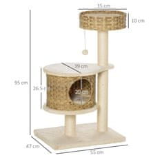 PAWHUT PawHut praskalnik za mačke za odrasle in mačke 95 cm, hiška iz ratana s sisalnimi drogovi, žogo in plišasto prevleko 55x47x95 cm