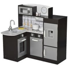 HOMCOM Lesena igrača kuhinja s 14 dodatki, pečico, umivalnikom, hladilnikom in mikrovalovno pečico, starost 3+ let, 86x64x84,5 cm, črna in srebrna
