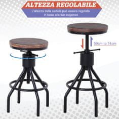 HOMCOM barski stol v industrijskem slogu, lesen sedež in nastavljiva višina, kuhinjski stol s kovinskim okvirjem, 40x40x59-74 cm, rjava in črna barva