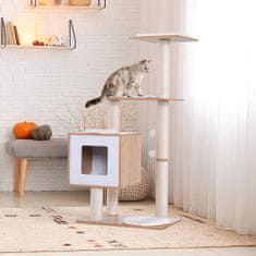PAWHUT PawHut praskalnik za mačke, visok 120 cm, s platformo za pesjak in igrali iz sisala, les MDF 71,5x49,5x120 cm, bela barva