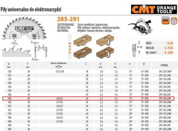 CMT Večnamenska žaga za podiranje in prečno rezanje Hm D=160 F=20 Z=24 K=2,2/1,6