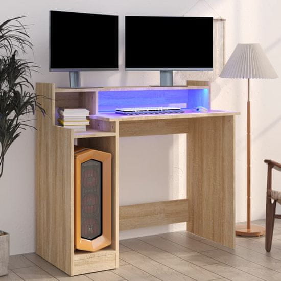 Vidaxl Pisalna miza z LED lučmi sonoma hrast 97x45x90 cm kons. les