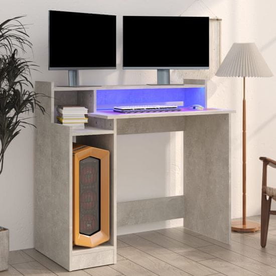 Vidaxl Pisalna miza z LED lučmi betonsko siva 97x45x90 cm kons. les