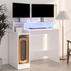 Vidaxl Pisalna miza z LED lučmi visok sijaj bela 97x45x90 cm kons. les