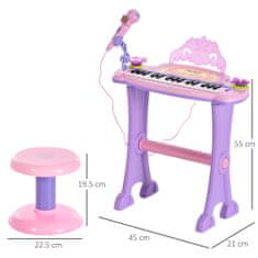 HOMCOM Otroški klavirski komplet z 32 tipkami, stolčkom in mikrofonom, 4 zvoki instrumentov in snemanjem,
MP3
in karaoke, Rosa