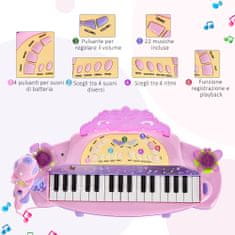 HOMCOM Otroški klavirski komplet z 32 tipkami, stolčkom in mikrofonom, 4 zvoki instrumentov in snemanjem,
MP3
in karaoke, Rosa