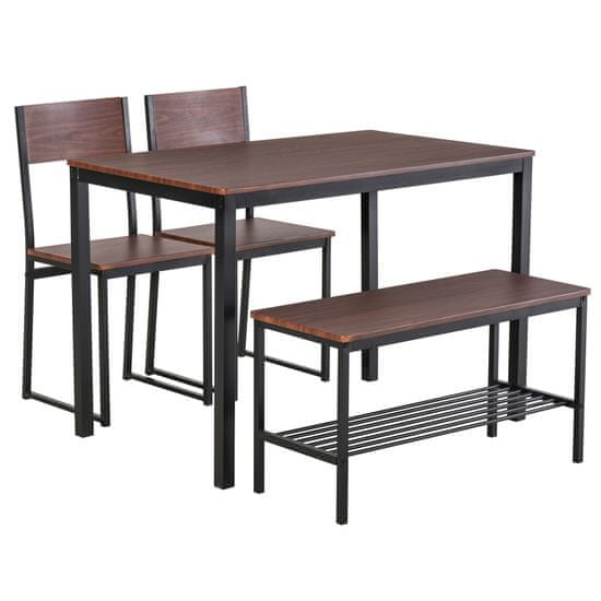 HOMCOM HOMCOM Jedilna miza v industrijskem slogu s klopjo z dvema sedežema in dvema stoloma iz lesa in kovine za dnevno sobo in kuhinjo v črni in rjavi barvi