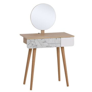 HOMCOM HOMCOM Miza za ličenje z okroglim ogledalom Ф39cm in predalom z dekoracijo džungle, bela in hrastova, 70x39x119-128cm