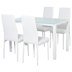HOMCOM 5-delni set z 1 mizo in 4 stoli za kuhinjo ali jedilnico iz usnja, kovine in kaljenega stekla, bele barve