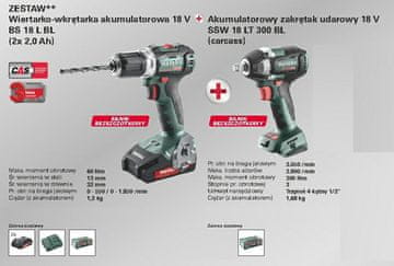 shumee METABO COMBO SET 18V IZVIJAČA BS 18 L BL + SSW KLJUČ 18 LT 300 BL 2x2.0 1x4.0Ah