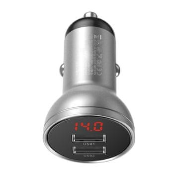 shumee Avtopolnilec 2x USB 4.8A 24W z LCD zaslonom, srebrn