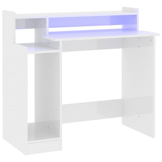 Vidaxl Pisalna miza z LED lučmi visok sijaj bela 97x45x90 cm kons. les