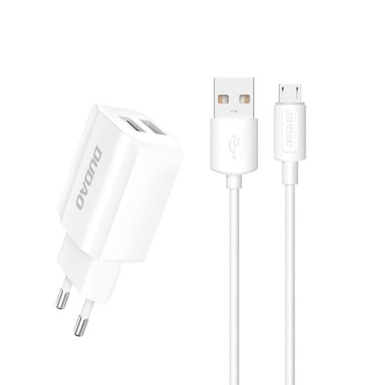 DUDAO EU polnilec 2x USB 5V/2,4A + micro USB kabel bele barve (A2EU + Micro white)