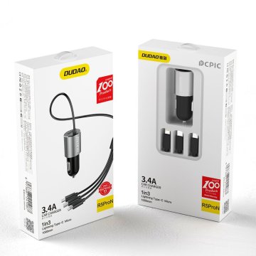 shumee 3v1 USB avtopolnilec + vgrajen Lightning USB-C mikro USB kabel, črn