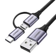 Ugreen 2v1 Kabel v močni ovojnici USB - microUSB + USB-C 1 m 2,4 A črn