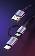Ugreen 2v1 Kabel v močni ovojnici USB - microUSB + USB-C 1 m 2,4 A črn