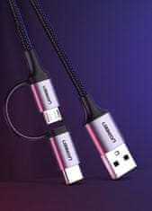 Ugreen 2v1 Kabel v močni ovojnici USB - microUSB + USB-C 1 m 2,4 A črn