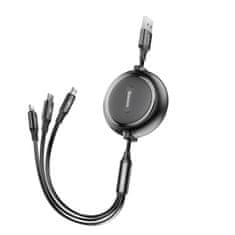 BASEUS Raztegljiv kabel 3v1 USB microUSB Iphone Lightning USB-C 3,5A 35 cm 120 cm črn
