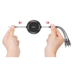 BASEUS Raztegljiv kabel 3v1 USB microUSB Iphone Lightning USB-C 3,5A 35 cm 120 cm črn