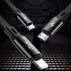 BASEUS Raztegljiv kabel 3v1 USB microUSB Iphone Lightning USB-C 3,5A 35 cm 120 cm črn