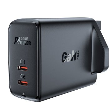 slomart acefast omrežni polnilec gan (uk vtič) 2x usb tip c 50w, power delivery, pps, q3 3.0, afc, fcp črn (a32 uk)