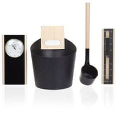 Topsauna Savna set - Vedro, zajemalka, termometer z higrometrom, peščena ura, les/aluminij - črna
