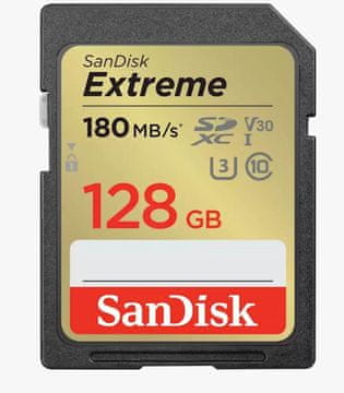 SanDisk Extreme SDXC spominska kartica, 128 GB, C 10, UHS-I, U3, V30, 180/90 MB/s (SDSDXVA-128G-GNCIN)