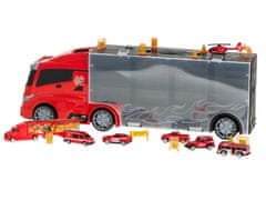 WOWO XXL TIR tovorni transporter - XXL TIR tovorni transporter z lansirno napravo, 7 avtomobili in 13 loputami za gasilce, 57 cm