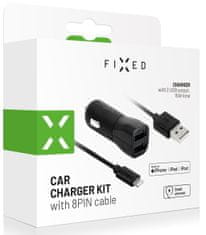 FIXED komplet avtomobilskega polnilnika, 2x USB, USB/Lightning kabrl, 1 m, MFI certifikat, 15W Smart Rapid Charge, črna (FIXCC15-2UL-BK)