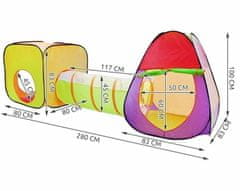 Kruzzel Šotor za otroke 2x iglu + tunel + 200 žogic 280cm