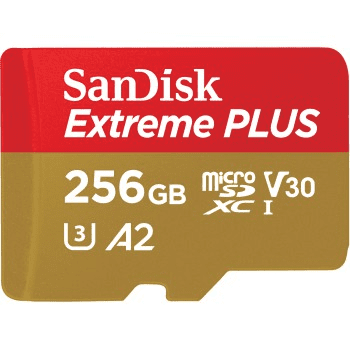 SanDisk Extreme PLUS microSDXC 256 GB + SD adapter 200 MB/s in 140 MB/s A2 C10 V30 UHS-I U3