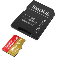 SanDisk Extreme PLUS microSDXC 256 GB + SD adapter 200 MB/s in 140 MB/s A2 C10 V30 UHS-I U3
