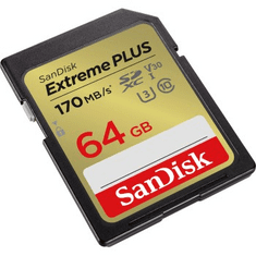 SanDisk Extreme PLUS 64 GB SDXC pomnilniška kartica 170 MB/s in 80 MB/s, UHS-I, razred 10, U3, V30
