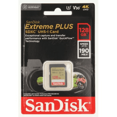 SanDisk Extreme PLUS 128 GB pomnilniška kartica SDXC 190 MB/s in 90 MB/s, UHS-I, razred 10, U3, V30