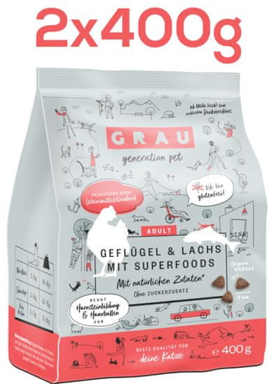 Grau GP Adult suha hrana za mačke, perutnina & losos, 2 x 400 g