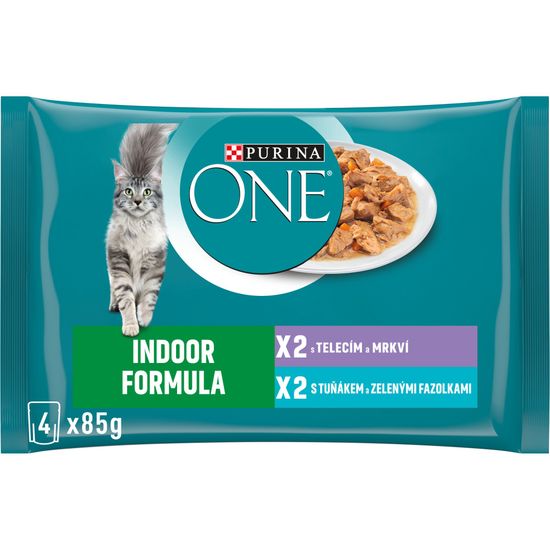 Purina ONE Indor vrečke za mačke, mini fileji s tuno in stročjim fižolom ter s teletino in korenjem v soku, 48 x 85 g