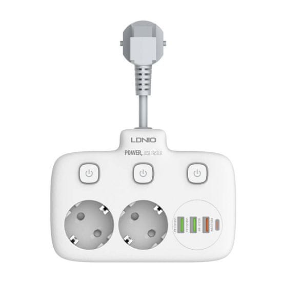 LDNIO Razdelilnik, hub s 2 AC vhodoma AC, 3x USB, USB-C, LDNIO SE2435, 2500W (bel)