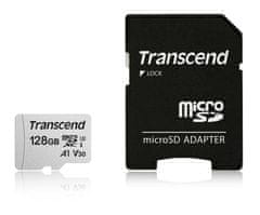 Transcend 128GB microSDXC 300S UHS-I U3 V30 A1 3D TLC (Class 10) pomnilniška kartica (z adapterjem), 95MB/s R, 40MB/s W