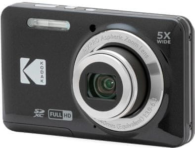 sodoben kompaktni digitalni fotoaparat kodak fz55 videoposnetki hd fotografski načini 16mpx fotografije zaznavanje obrazov zmanjšanje rdečih oči USB priključek in kabel liion baterija