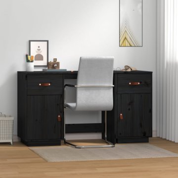 Vidaxl Pisalna miza z omaricama črna 135x50x75 cm trdna borovina